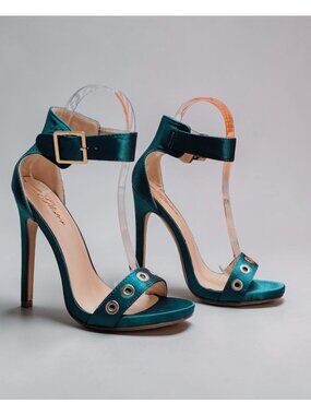 Teal Satin High Heel Sandals With Ankle Strap & Grommet Detail Womens
